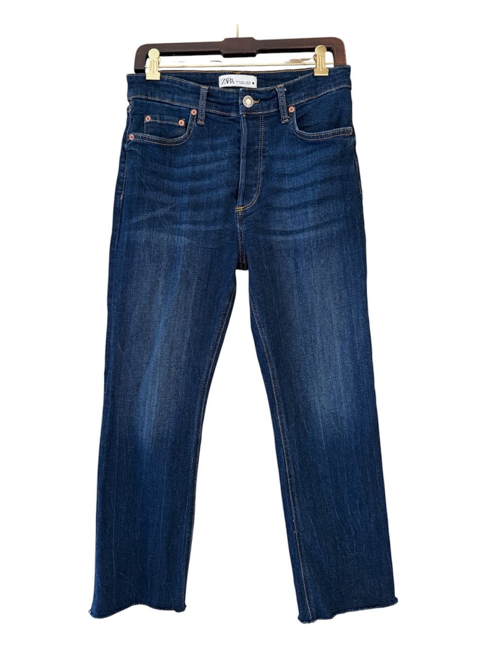 Zara Women’s The Dreed Flare High Rise Button Fly Cropped Dark Wash Jeans 8
